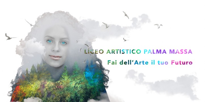 Fotografia di ragazza rielaborata per l'orientamento con inserito il titolo "Fai dell'Arte il tuo Futuro"
